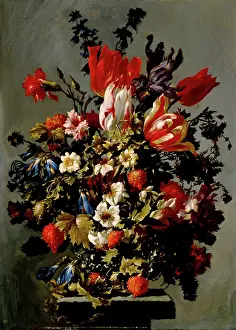 Pedestal Prints: Still Life with Flowers on a Stone Pedestal