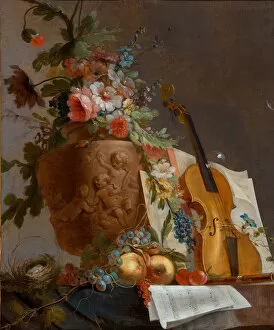 Still life with flowers and a violin, c. 1750. Artist: Bachelier, Jean-Jacques (1724-1806)