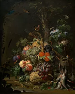 Still Life with Fruit, Fish, and a Nest, c. 1675. Creator: Abraham Mignon