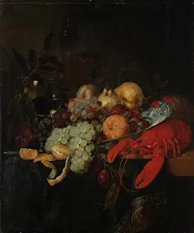 Black Background Prints: Still Life with Fruit and Lobster, c1655-1660. Creator: Pieter de Ring