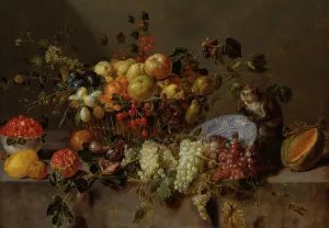 Pronkstilleven Prints: Still Life with Fruit and a Monkey eating Grapes, 1635. Creator: Adriaen van Utrecht