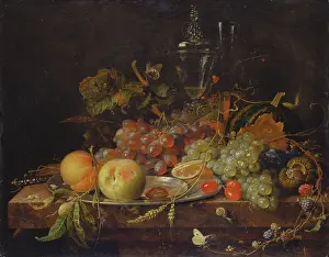 Wineglass Prints: Still life with Fruit, Tin Plate and Wine Glasses, c1663-1664. Creator: Abraham Mignon