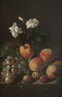 Peaches Prints: Still Life with Fruit and White Roses, 17th century. Creator: Unknown