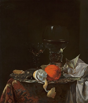 Oranges Prints: Still Life with Fruit and Wineglasses on a Silver Plate, c1640-1690. Creator: Willem Kalf