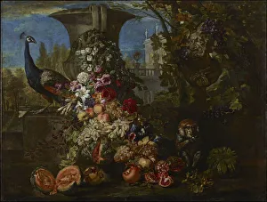 Still life with fruits and flowers in the garden of an Italian villa Still life with fruits and flowers in the garden of an Italian villa