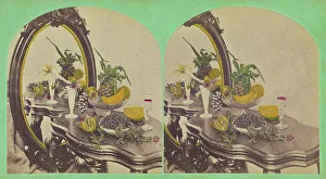 Still life of fruits on a table with mirror, about 1865. Creator: Unknown