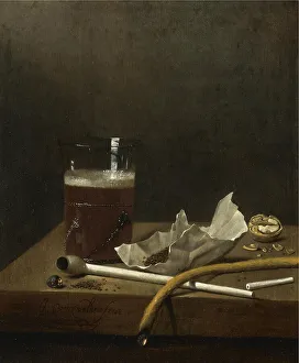 Still life with a glass of beer, a pipe, tobacco and other requisites of smoking, 1658. Artist: Velde, Jan Jansz Still life with a glass of beer, a pipe, tobacco and other requisites of smoking, 1658. Artist: Velde, Jan Jansz