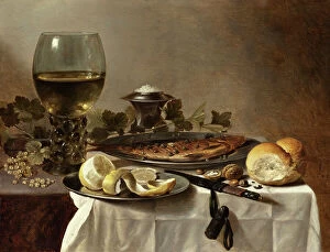 Oil On Panel Collection: Still Life with Herring, Wine and Bread (image 1 of 2), 1647. Creator: Pieter Claesz