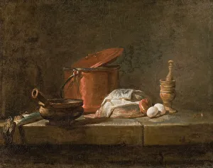 Kitchenware Prints: Still Life with Kitchen Utensils and Vegetables, 1734. Creator: Jean-Simeon Chardin