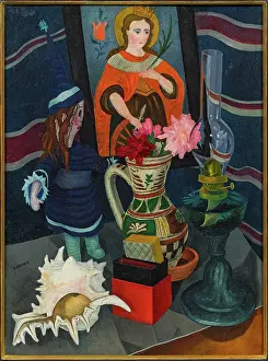 Neue Sachlichkeit Prints: Still life with lamp, shell, doll and reverse glass painting