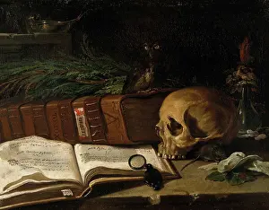 Plant Pot Prints: Still life with a ledger, a skull and other objects, 1766. Creator: Unknown