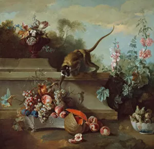 Bowl Of Fruit Gallery: Still Life with Monkey, Fruits, and Flowers, 1724. Creator: Jean-Baptiste Oudry