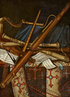 Play Music Prints: Still life with musical instruments and sheets music