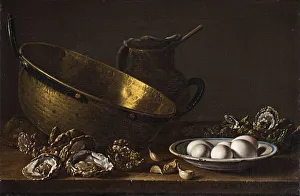 Melendez Prints: Still life with oysters, garlic, eggs, pear and pot