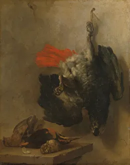 Dead Animal Prints: Still Life with Parrot and Snipes, 1655. Creator: Cornelis Lelienbergh