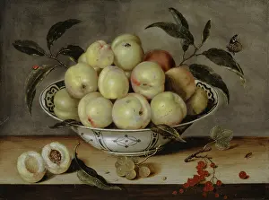 Isaak Prints: Still Life with Peaches in a Chinese Porcelain Bowl, 1638. Creator: Isaak Soreau
