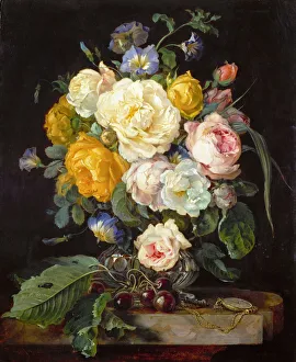Pocket Watch Prints: Still life with peonies, cherries and a pocket watch