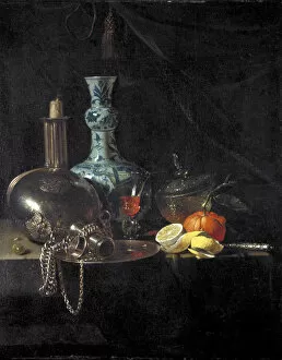 Fruit Collection: Still life with a pilgrim flask, candlestick, porcelain vase and fruit, 17th century