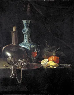 Candlestick Gallery: Still life with a pilgrim flask, candlestick, porcelain vase and fruit, 17th century
