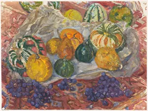 Ripe Prints: Still life of pumpkins and grapes on a rug