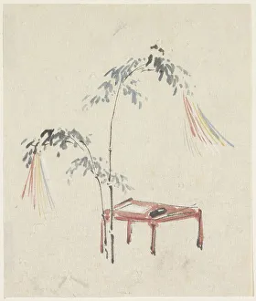 Kuniyoshi Utagawa Prints: Still life of a red table and decorated bamboo, 1808-1861. Creator: Utagawa Kuniyoshi