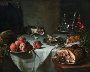 Still Life of the Remnants of a Meal with a Lunging Cat, c1725-1730. Creator: Desportes, Alexandre Francois (1661-1743)