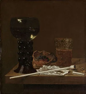 Ashtray Prints: Still Life with Roemer, Beer Glass and a Pipe, 1658. Creator: Jan Jansz van de Velde
