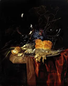 Still life with a roemer, fish, bread, walnuts, onions and grapes on a dark cloth, 1679. Creator: Willem van Aelst
