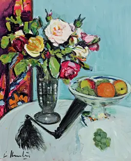 Oranges Prints: Still Life - Roses and a Black Fan, c1920s. Creator: George Leslie Hunter