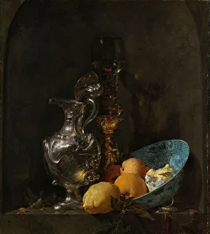 Lemons Prints: Still Life with a Silver Jug and a Porcelain Bowl, 1655-1660. Creator: Willem Kalf