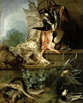 Pronkstilleven Prints: Still Life with a Spaniel Chasing Ducks ('Water')