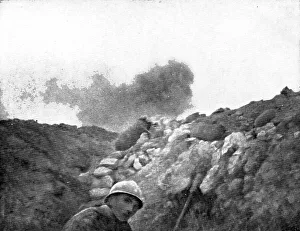 Sandbags Prints: Life in the trenches in Champagne; A torpedo explodes at some distance