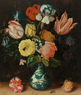 Balthasar Prints: Still Life with Tulips, Roses and Carnations in a Wan Li Porcelain Vase with Butterfly and Insects