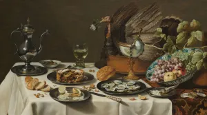 Meal Prints: Still Life with Turkey Pie, 1627. Artist: Claesz, Pieter (c. 1597-1660)