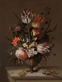 Dead Animal Prints: Still Life with a Vase of Flowers and a Dead Frog, 1634. Creator: Jacob Marrel