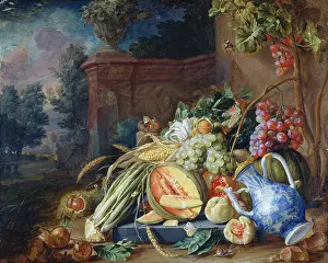 Still Life with Vegetables and Fruit before a Garden Balustrade, 1658. Creator: Cornelis de Heem