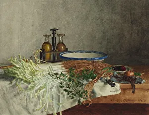 Kitchenware Prints: Still Life with Wild Chicory, Chervil, and Cruet, 1863. Creator: Leon Bonvin