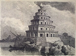 Port Gallery: The Lighthouse of Alexandria in the port of the city, German engraving from 1886