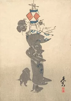 Zeshin Gallery: Lighting a Hanging Lantern for the Obon Festival, 1860. 1860. Creator: Shibata Zeshin