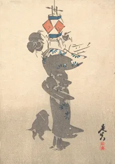 Lighting a Hanging Lantern for the Obon Festival, 1860. 1860. Creator: Shibata Zeshin