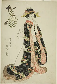 Toyokuni I Prints: Lilies: young woman holding a letter, from an untitled series of beauties and flowers
