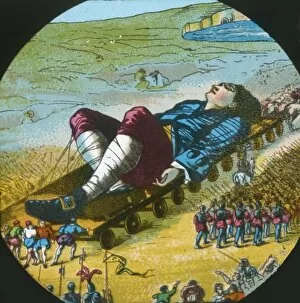 The Lilliputians convey the sleeping Gulliver to their city, lantern slide, late 19th century