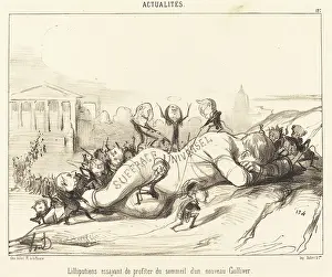 Asleep Prints: Lilliputiens essayant de profiter du sommeil... 1850. Creator: Honore Daumier