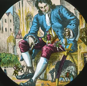 The Lilluputians climb on Gulliver, lantern slide, late 19th century. Creator: Unknown The Lilluputians climb on Gulliver, lantern slide, late 19th century. Creator: Unknown
