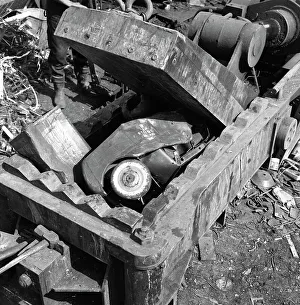 Scrap Metal Prints: Linderman box baler crushing scrap, Rotherham, South Yorkshire, 1963