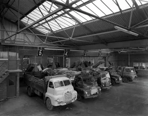 Line up of 1950s lorries at Spillers Animal Foods, Gainsborough, Lincolnshire, 1961