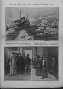 Liner in a field of ice, and people waiting for news of the Titanic disaster, April 20, 1912 Liner in a field of ice, and people waiting for news of the Titanic disaster, April 20, 1912