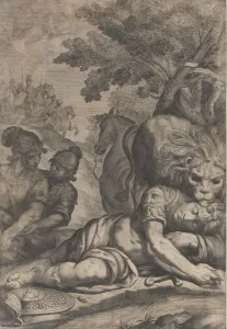 Licking Prints: A lion atop a fallen horseman at right, with two other soldiers at left, 1640-70