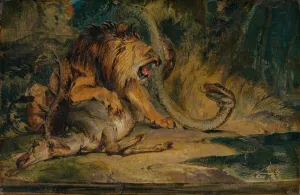 Sir E Landseer Prints: Lion Defending its Prey, c. 1840. Creator: Edwin Henry Landseer