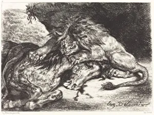 Bloodthirsty Gallery: Lion Devorant un Cheval (Lion Devouring a Horse), 1844. Creator: Eugene Delacroix